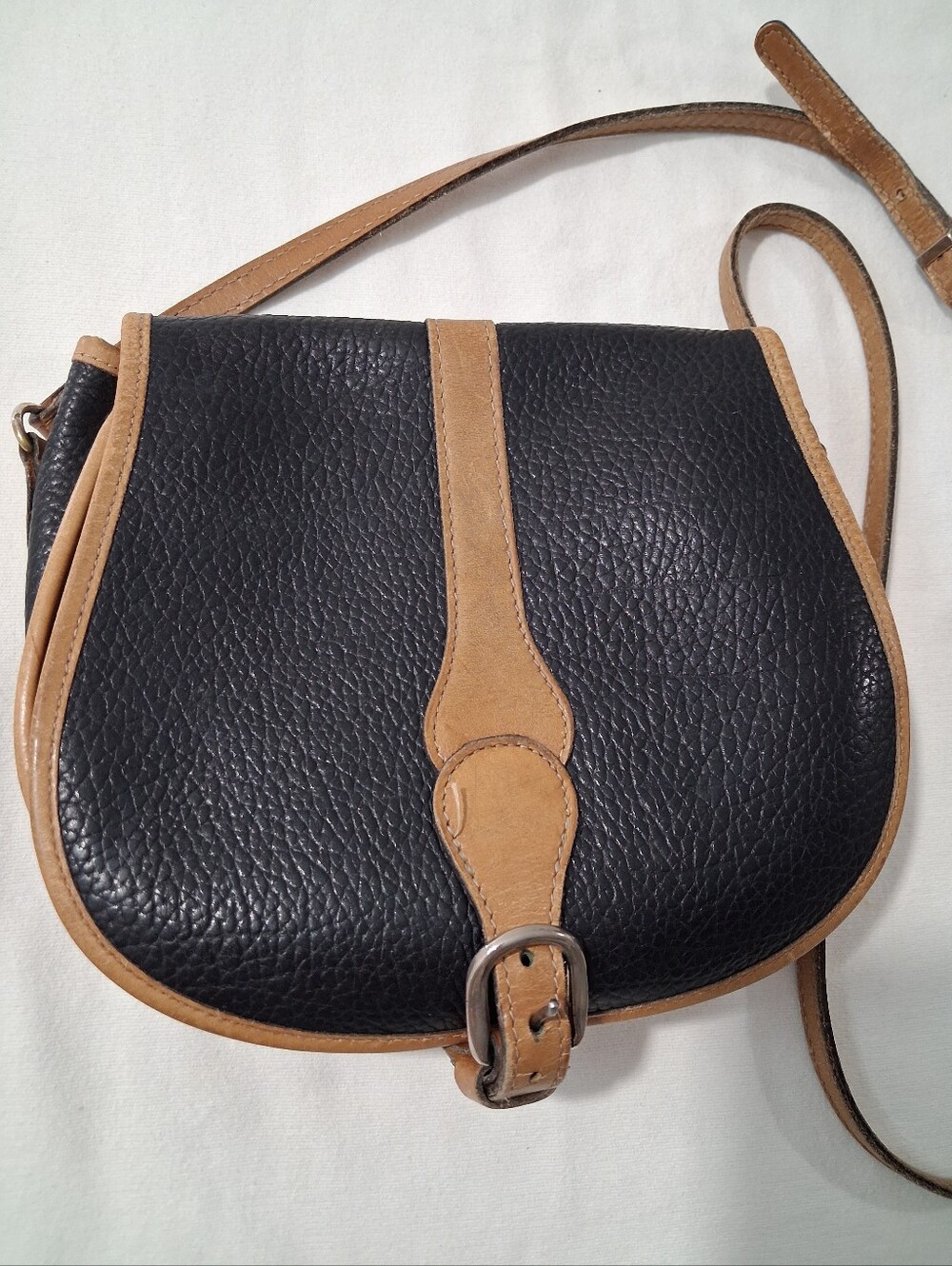 Vintage Pure Leather Pebbled Black Crossbody Saddle Bag with Tan Trim